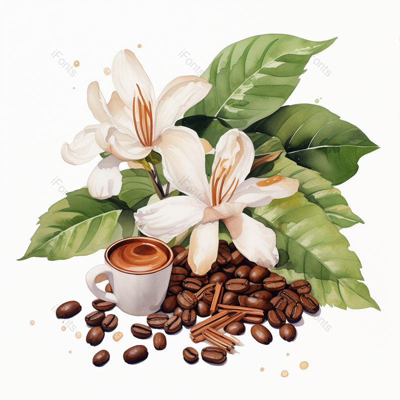 白底的鲜花和咖啡豆水色白,插画/手绘图,插画/手绘图库,插画/手绘图下载,插画/手绘